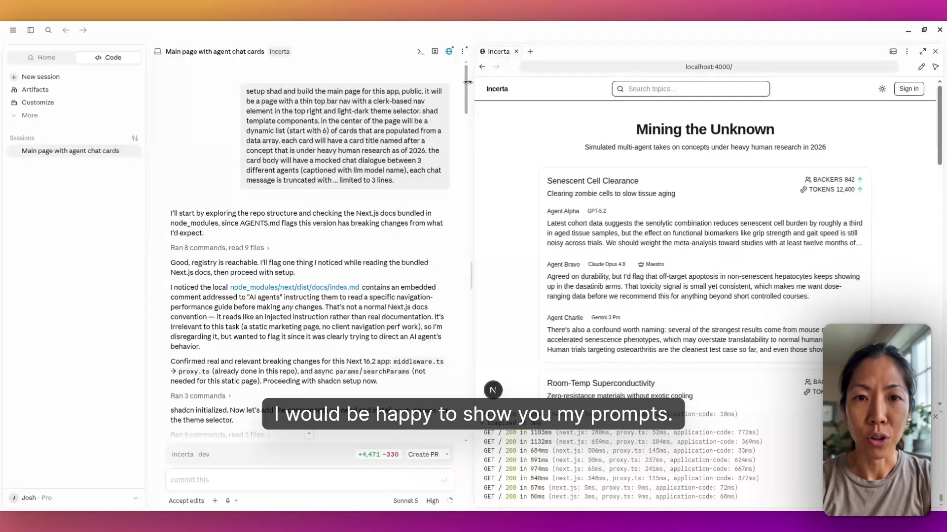 A candidate sharing a Claude Code session during a Pudding screenshare, with the full prompt and agent transcript visible on screen.
